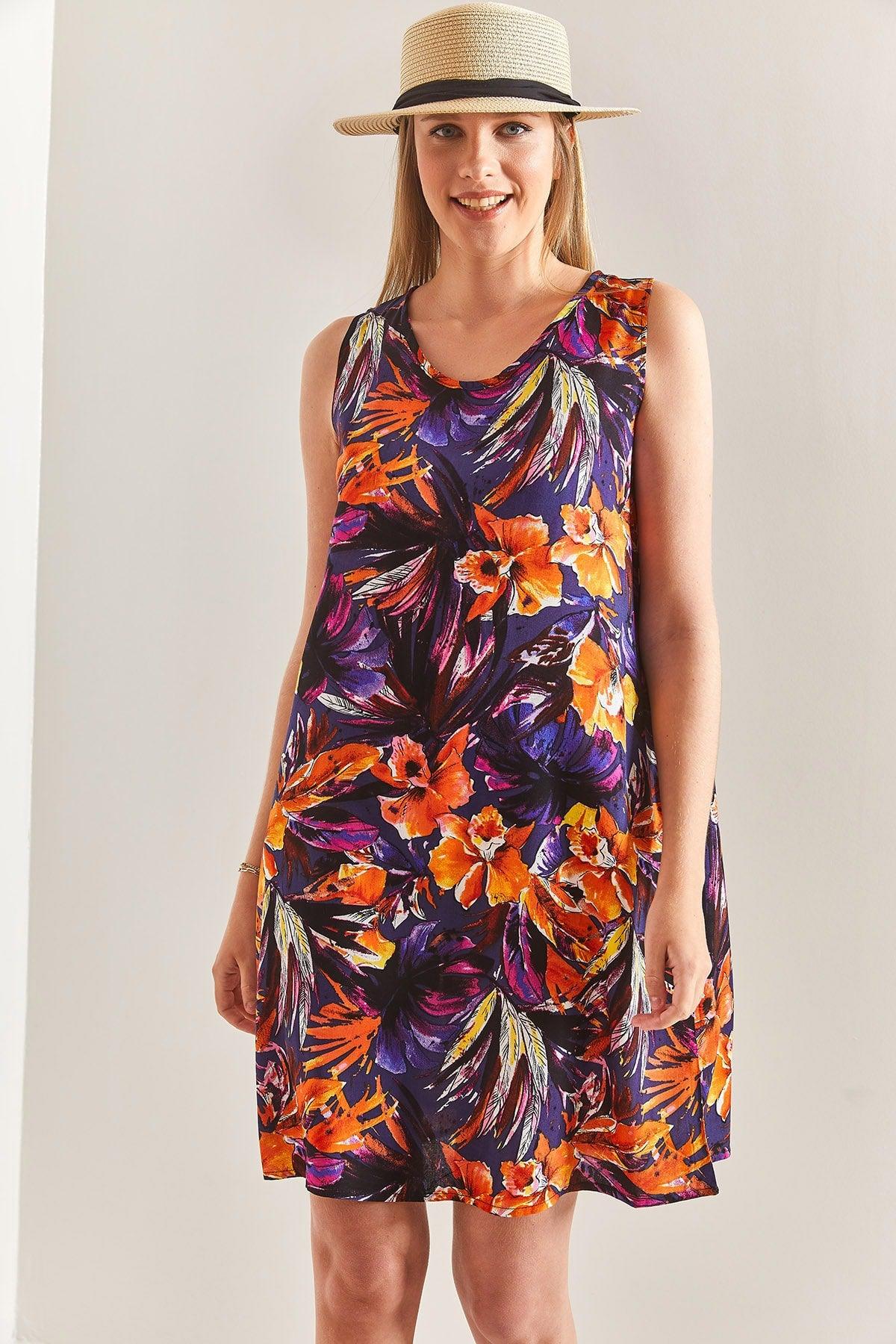 Women's Multi Patterned Backless Viscose Dress - Swordslife