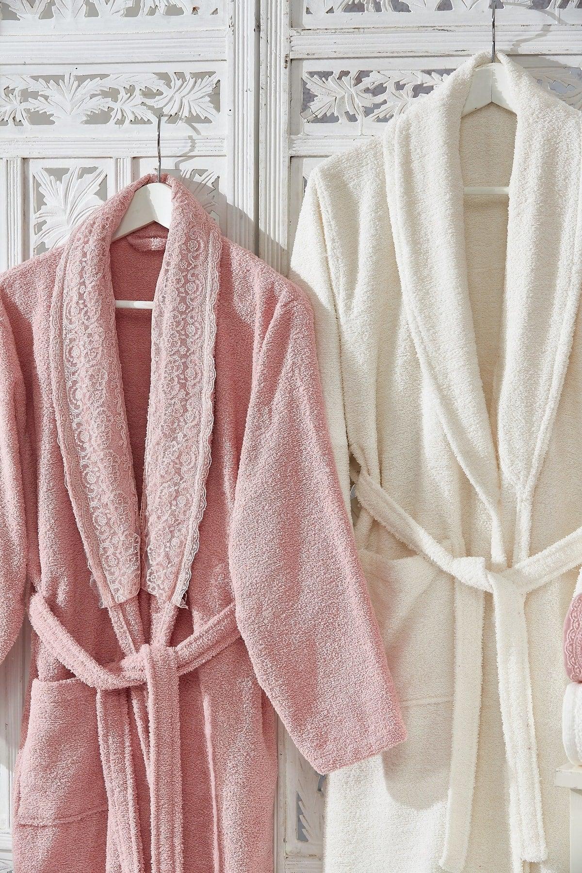 Family Lacy Powder & Cream Family Bathrobe Set 6 Pieces Dowry Women Men Bathrobe Bath Towel Set - Swordslife