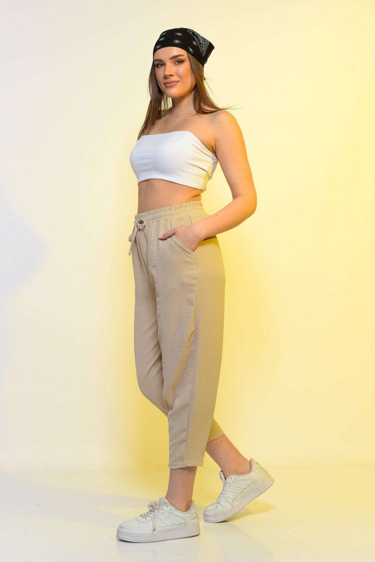 New Season Summer Elastic Waist Slim Pants High Waist Women Beige Color Casual Trousers - Swordslife