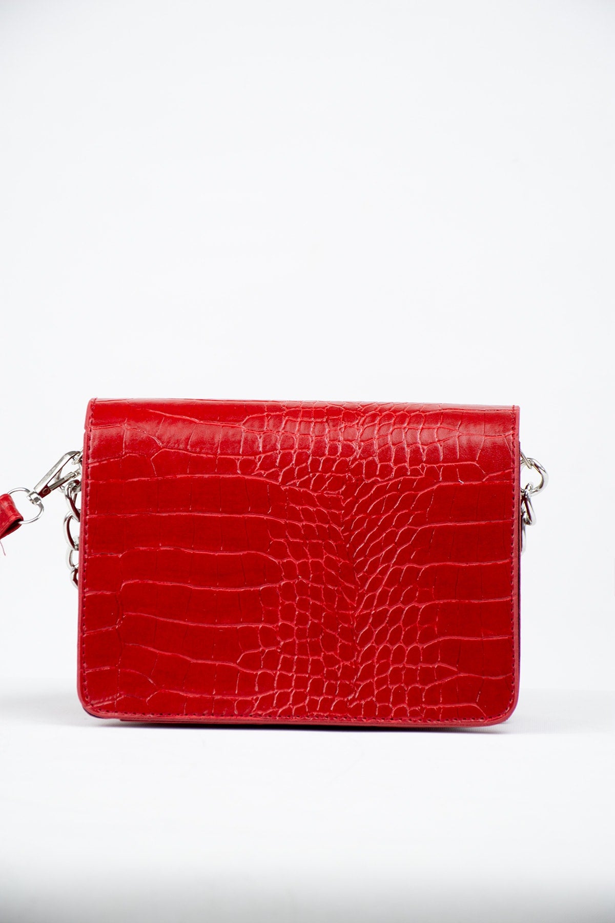 Red Women Crocodile Patterned Clutch Baguette Chain Strap Bag