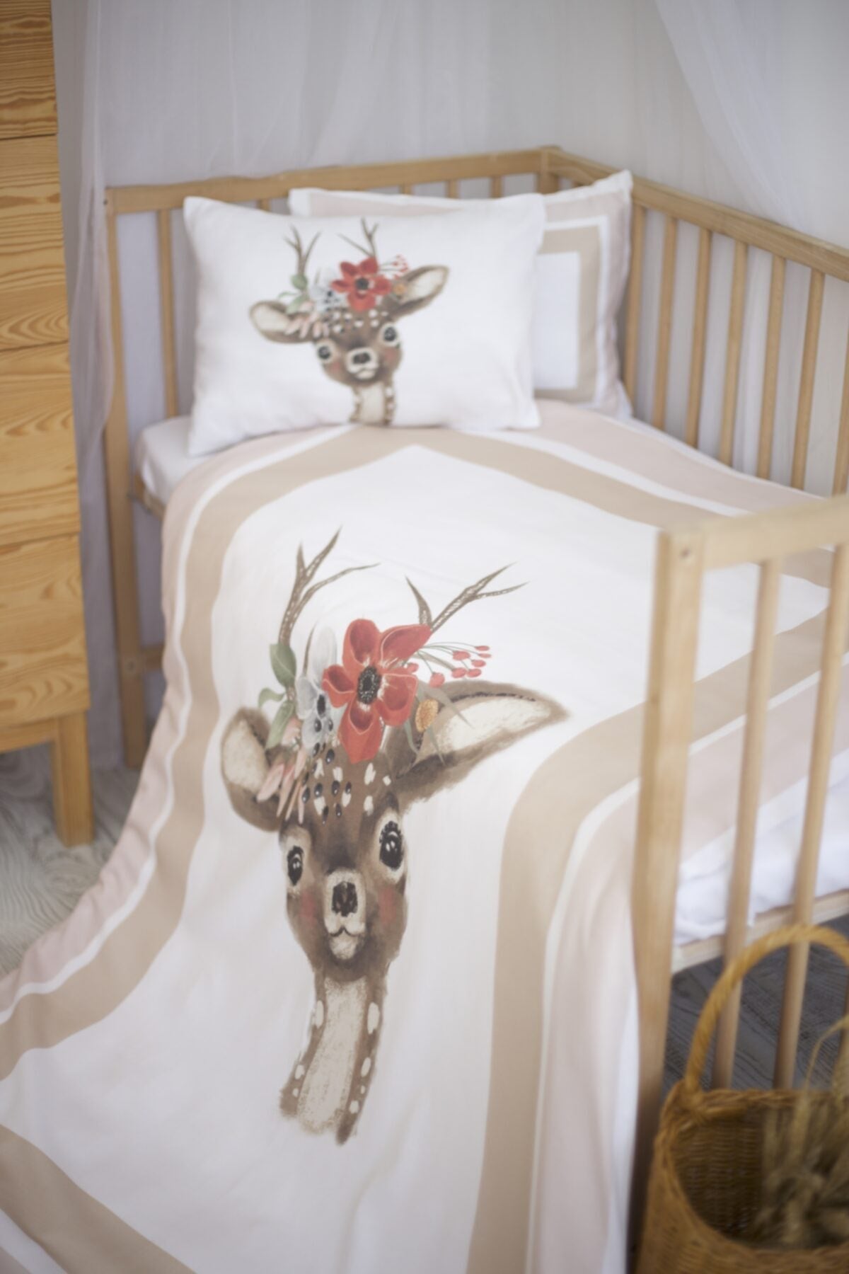 Organic Printed Cotton Satin Baby Duvet Cover Set - Deer And Flower Themed