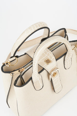 Women'S Cream Croco Handle Strap 2 Compartment Snap Zipper Closure Hand And Shoulder Bag