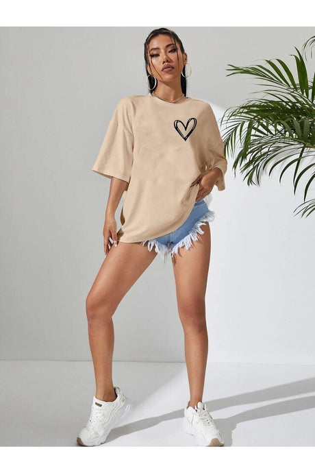 Minimal Heart Printed Light Brown Oversize Tshirt - Swordslife