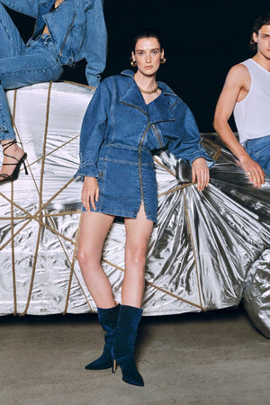 X Zeynep Tosun Blue Jacket Collar Detailed Denim Dress TPRAW23EL00406 - Swordslife