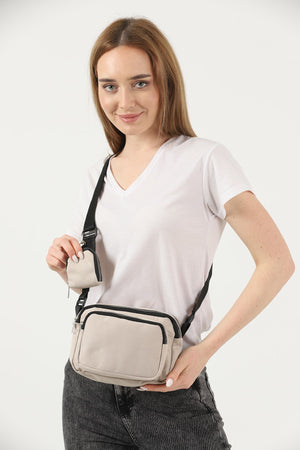 Cream U4 Canvas Women'S Cross Shoulder Bag With 2 Compartments And Wallet With Adjustable Strap B:17 E:22 G:12