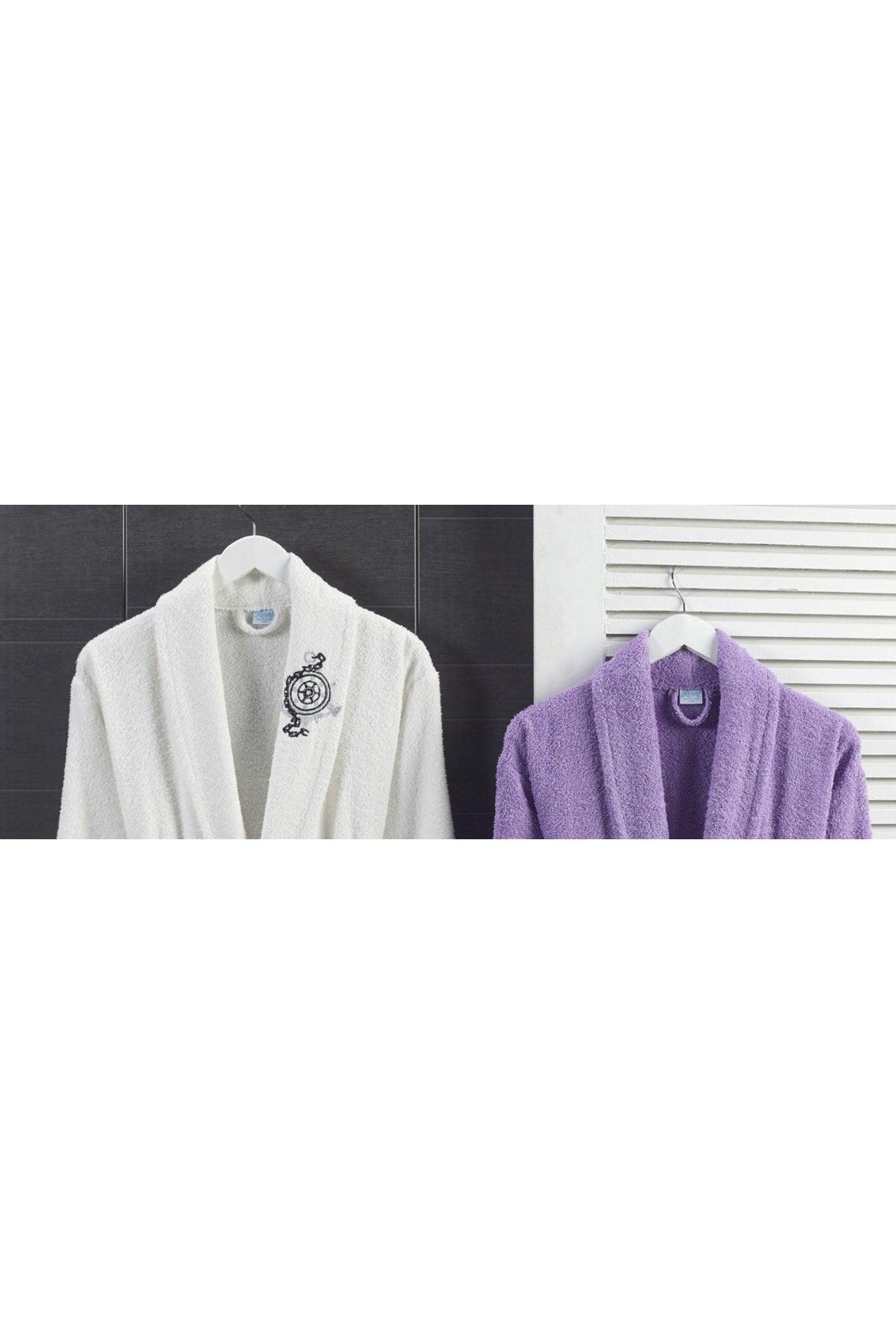 100% Cotton Embroidered 4-Piece Family Bathrobe Set | Bathrobe Set | Dowry Set | White | Lavender - Swordslife