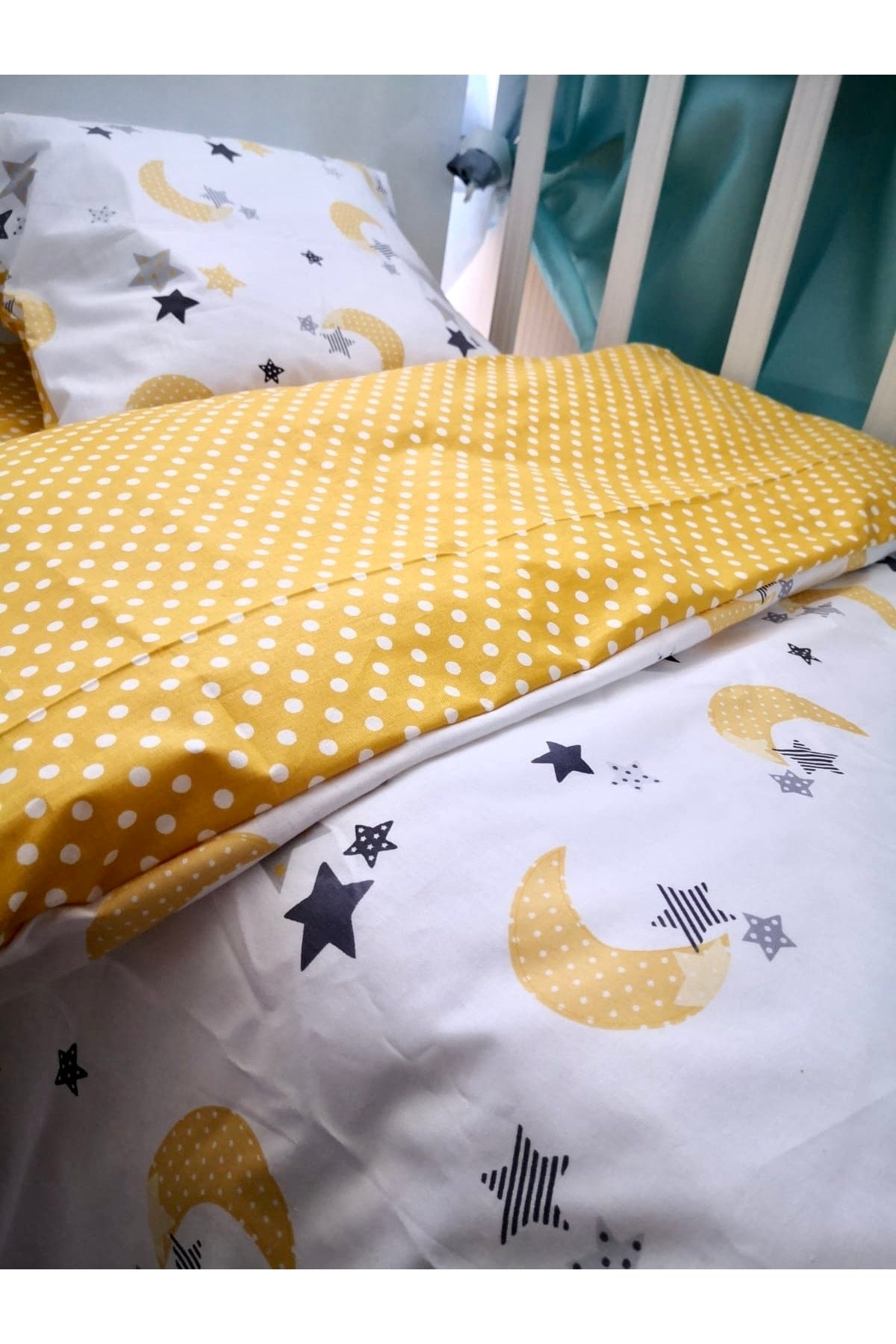 Baby Kids Duvet Cover Set 70x110 For Park Crib Yellow Moon Star Yellow Polka Dot