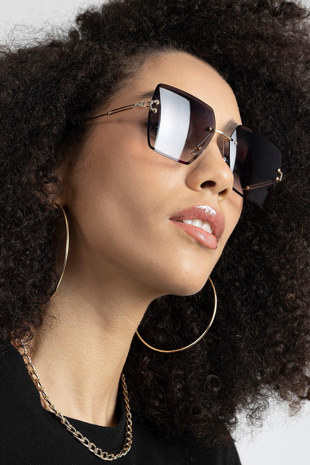 Women's Black Square Crystal Cut Sunglasses - Swordslife