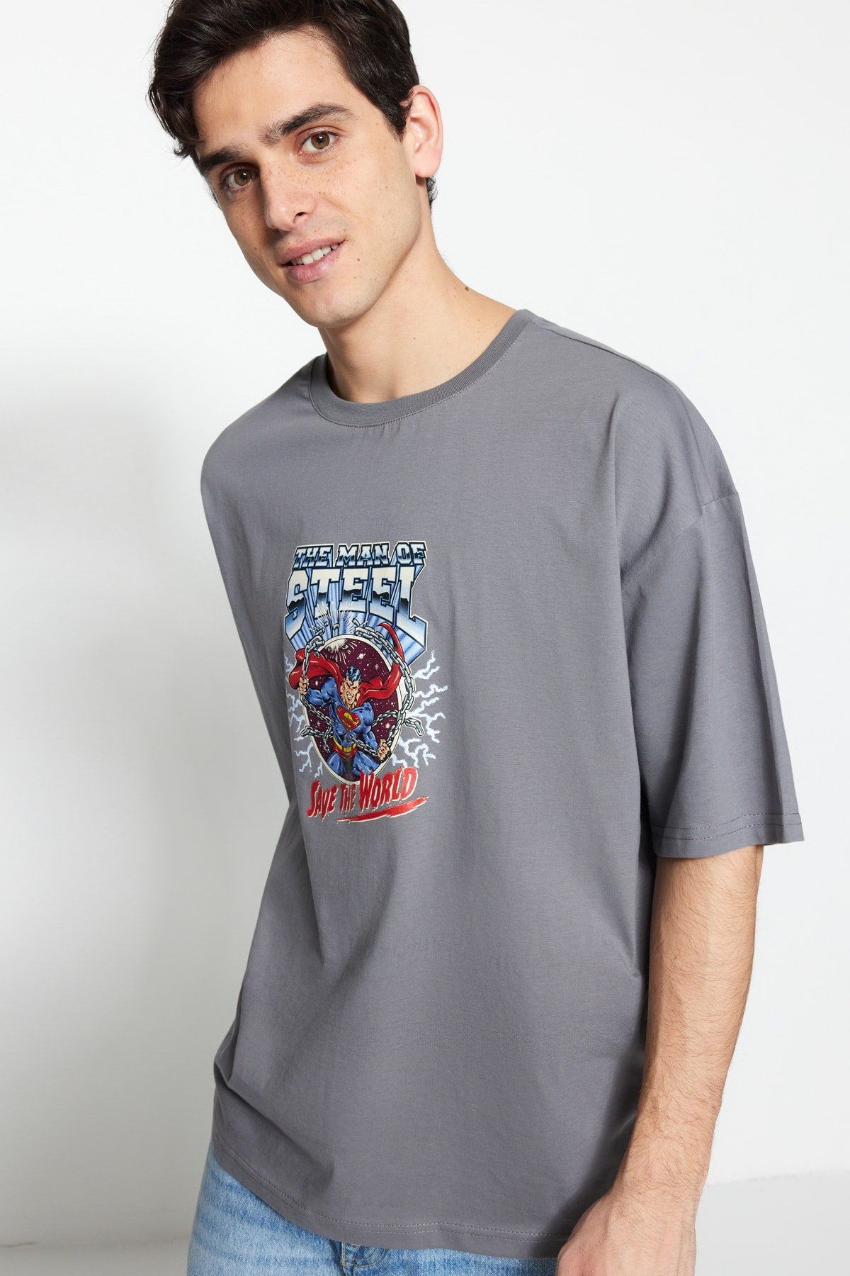 Anthracite Men'S Oversize Crew Neck Short Sleeve Printed Superman Printed Licensed T-Shirt