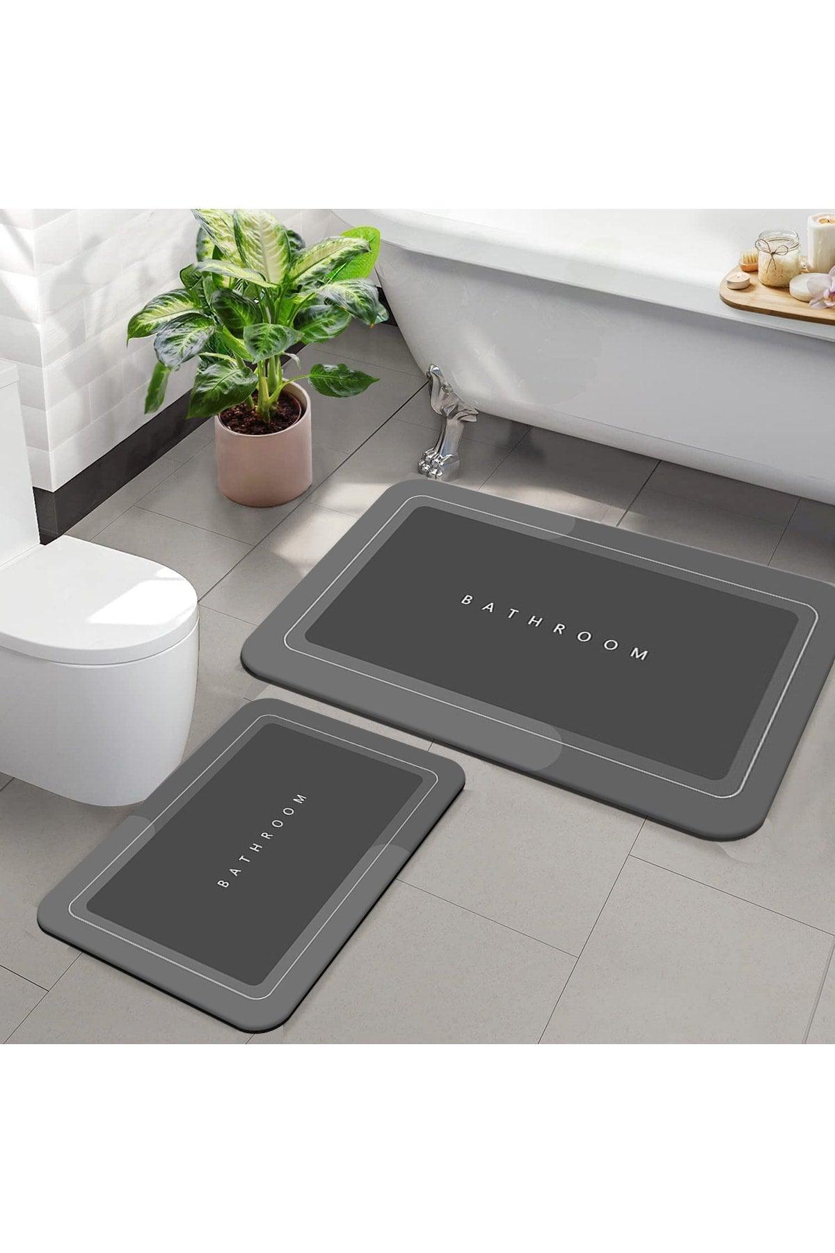 Osso Anthracite Bathroom Written Pattern Washable Non-Slip Floor 2 Pcs Bathroom Carpet Mat Closet Set - Swordslife