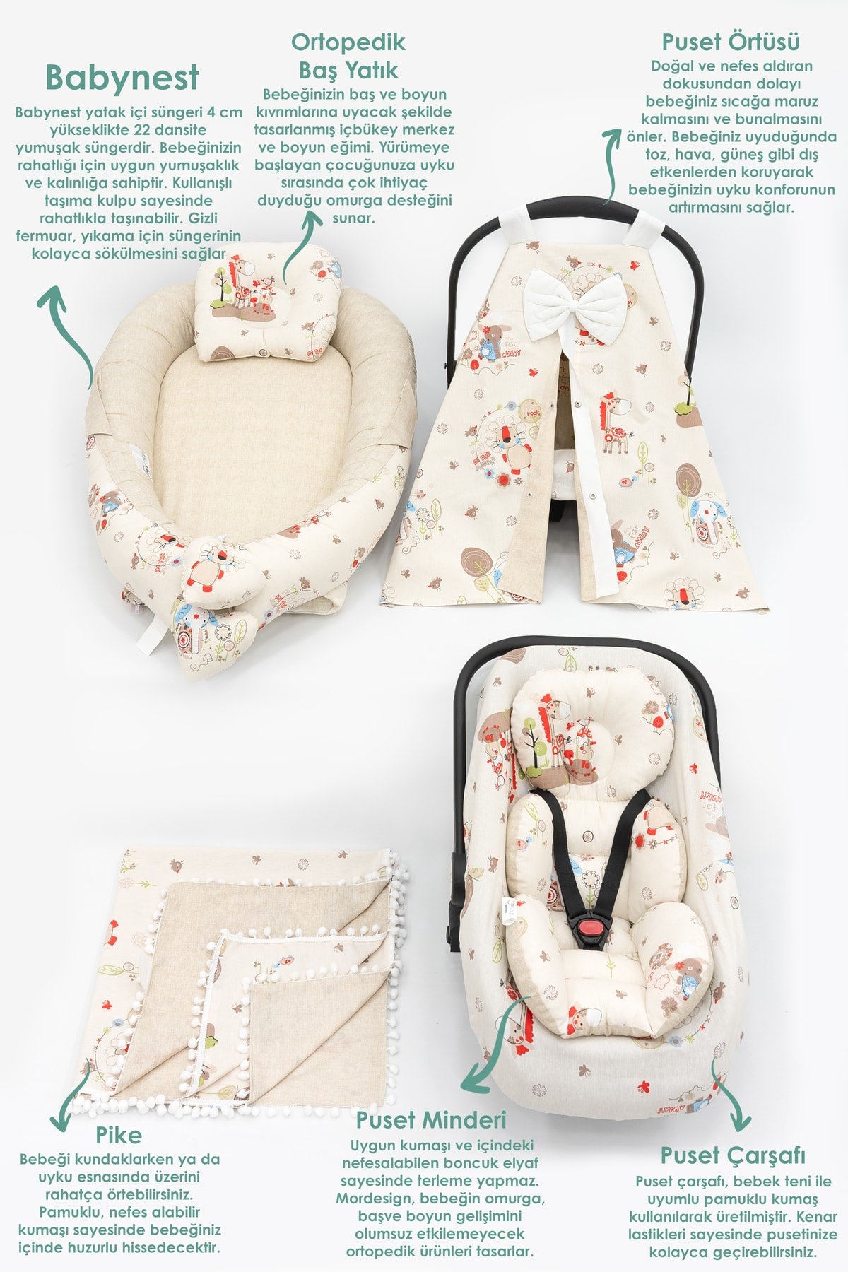 Orthopedic Stroller Cushion, Bed Sheet, Cover, Pique And Mother's Side Babynest Mattress Set of 6, Animal Series