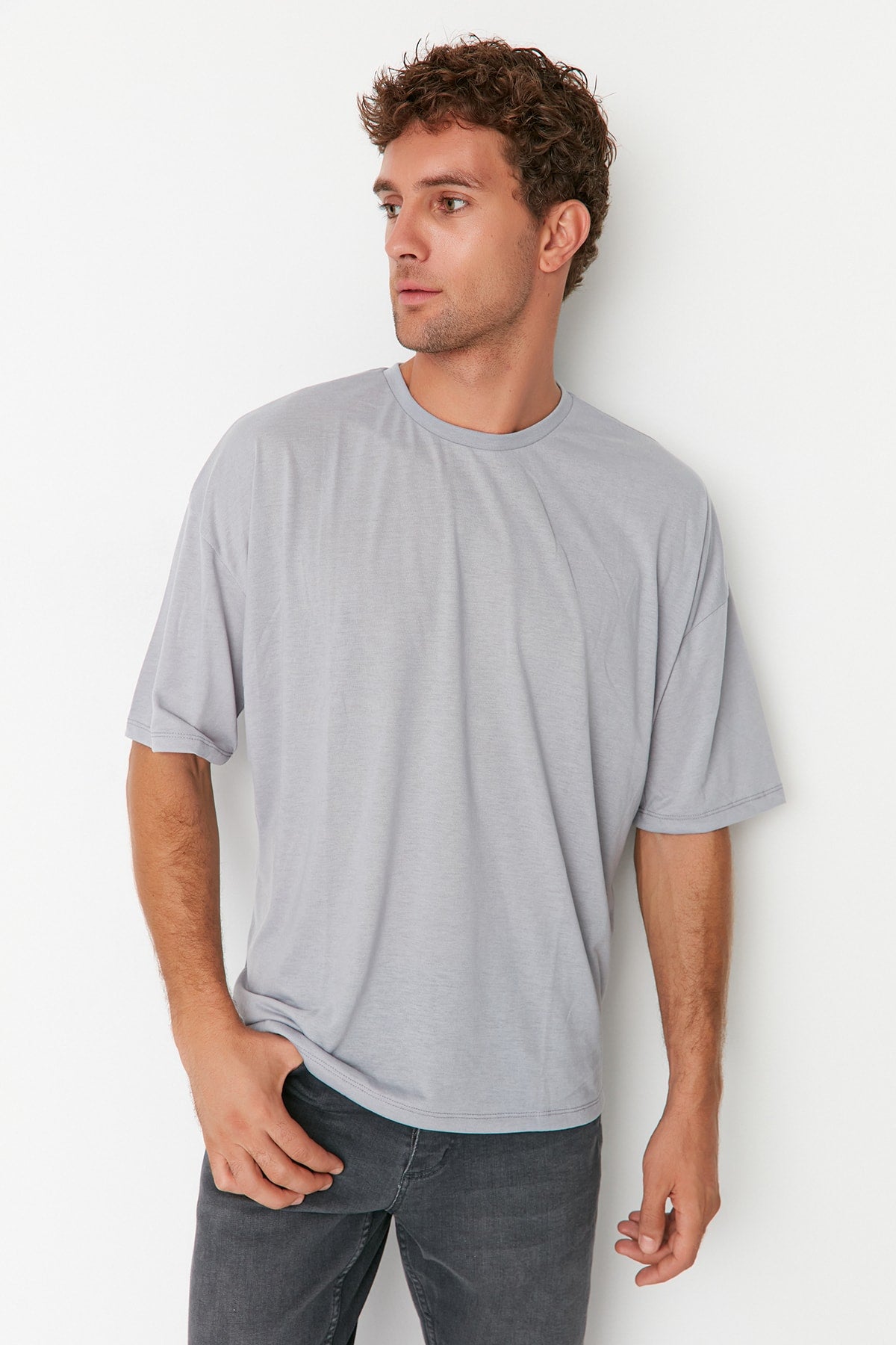 Gray Men'S Basic Crew Neck Oversize Short Sleeve T-Shirt Tmnss22Ts0300