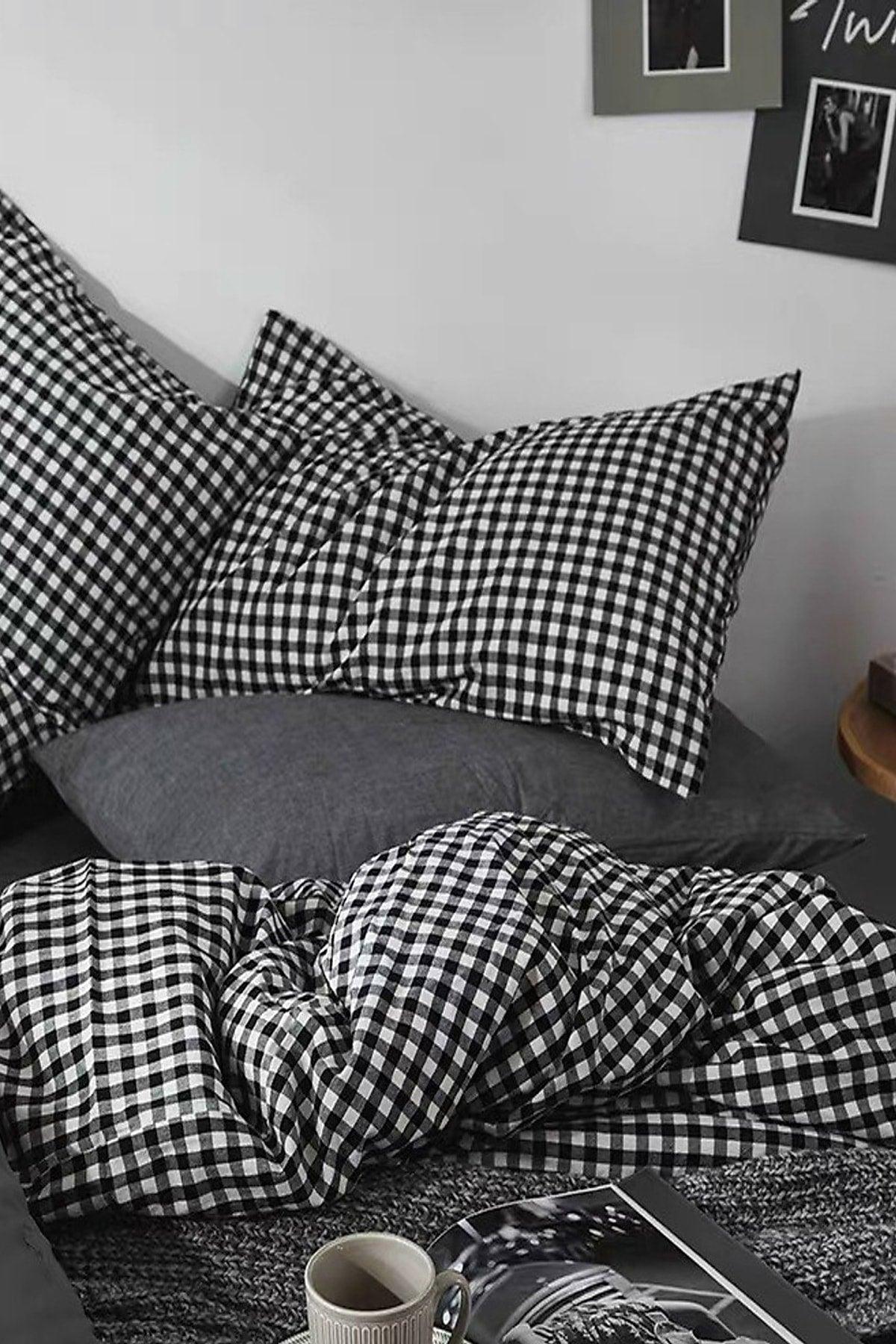 Elastic Bed Linen Duvet Cover Set Double Mini Gingham Black - Swordslife