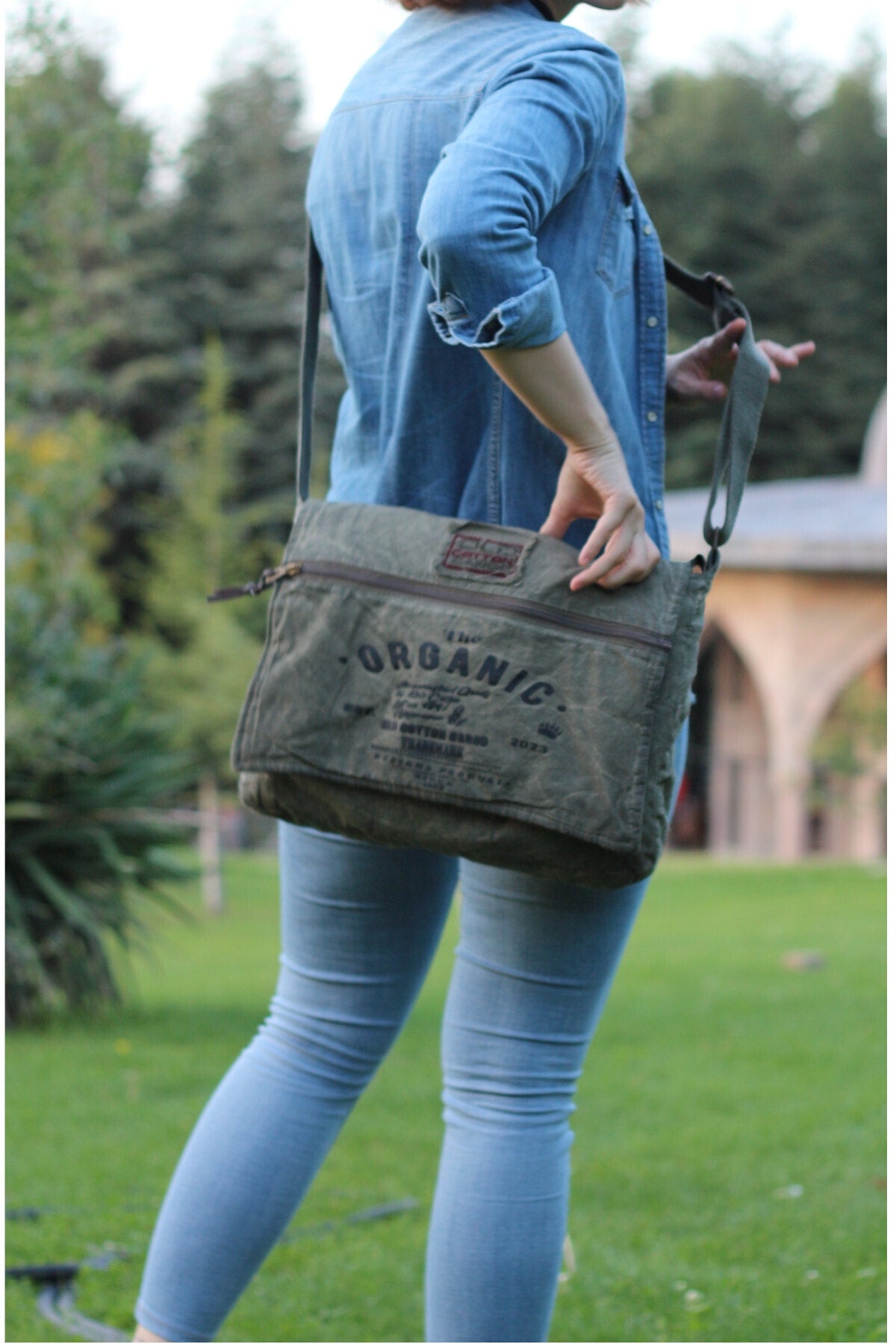 Old Cotton Blue Loose Canvas Shoulder Messenger Laptop School Travel Casual Vintage Cotton Fabric Bag