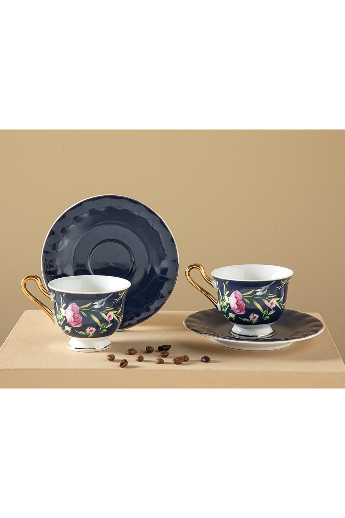 Vanilla New Bone China 4-Piece Set Of 2 Coffee Cups 90 Ml Dark Blue