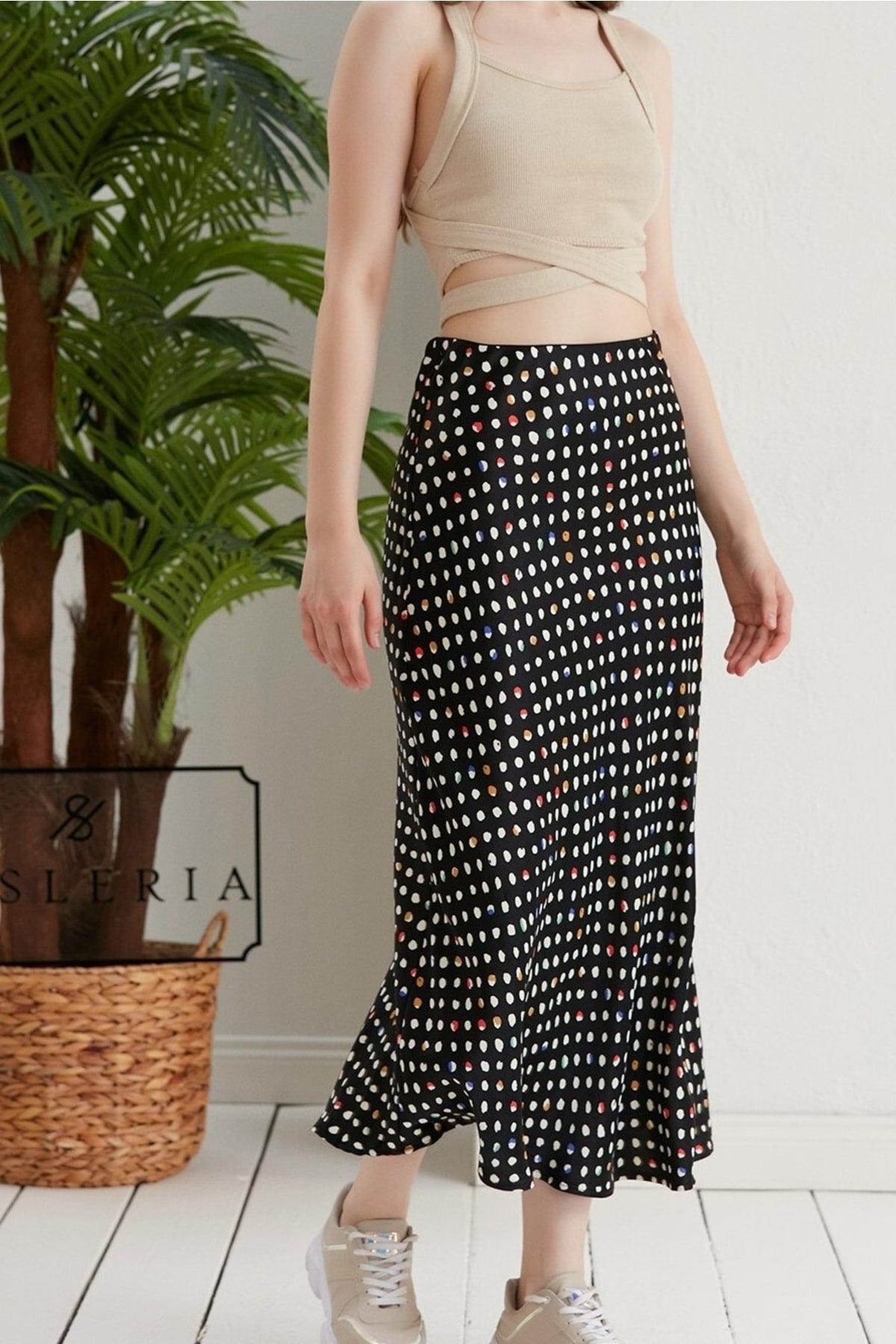 Colored Polka Dot Pattern Viscose Satin Midi Skirt - Black Background - Swordslife