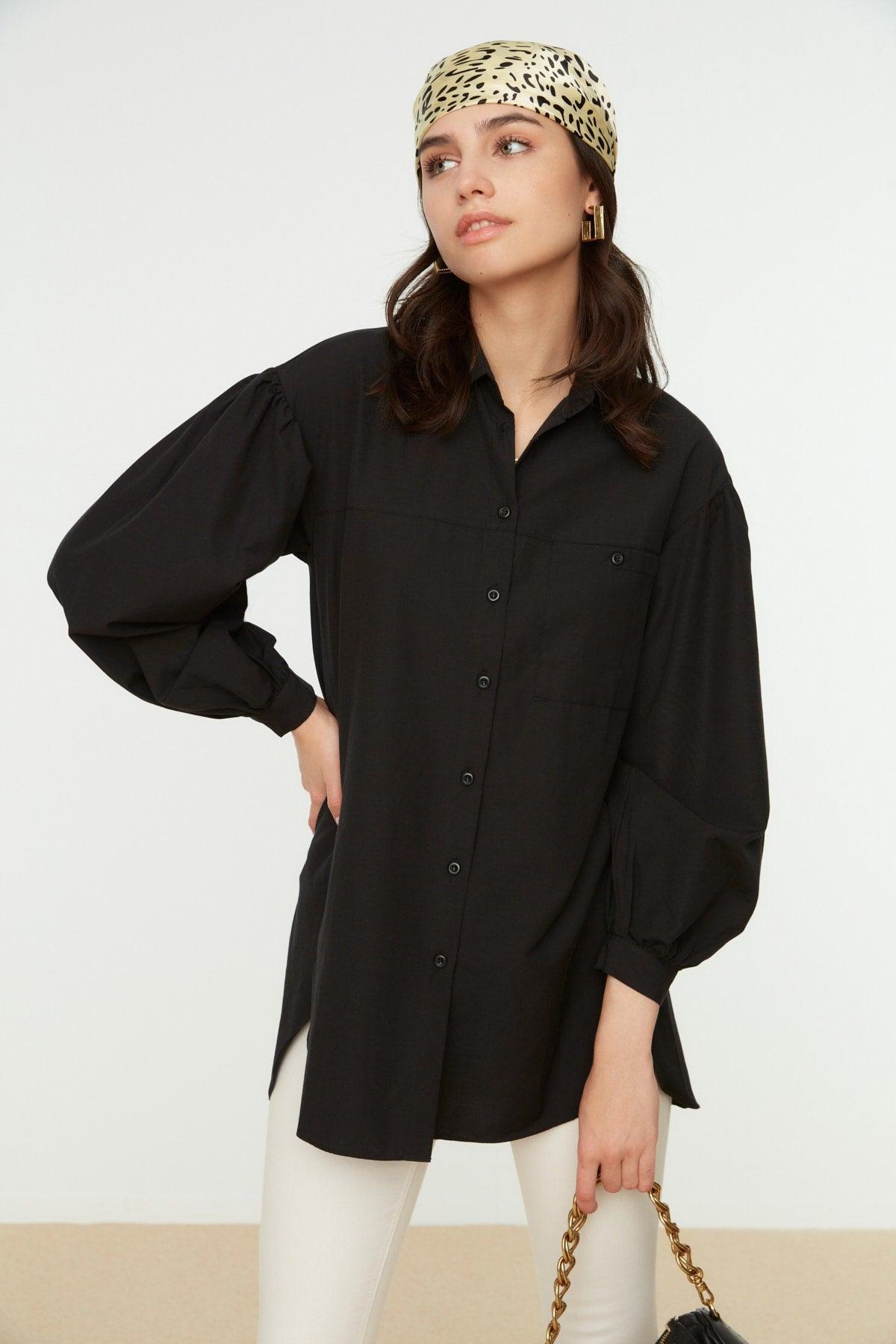 Black Balloon Back Sleeve Long Pocket Detailed Basic Woven Shirt TCTSS21GO0976 - Swordslife