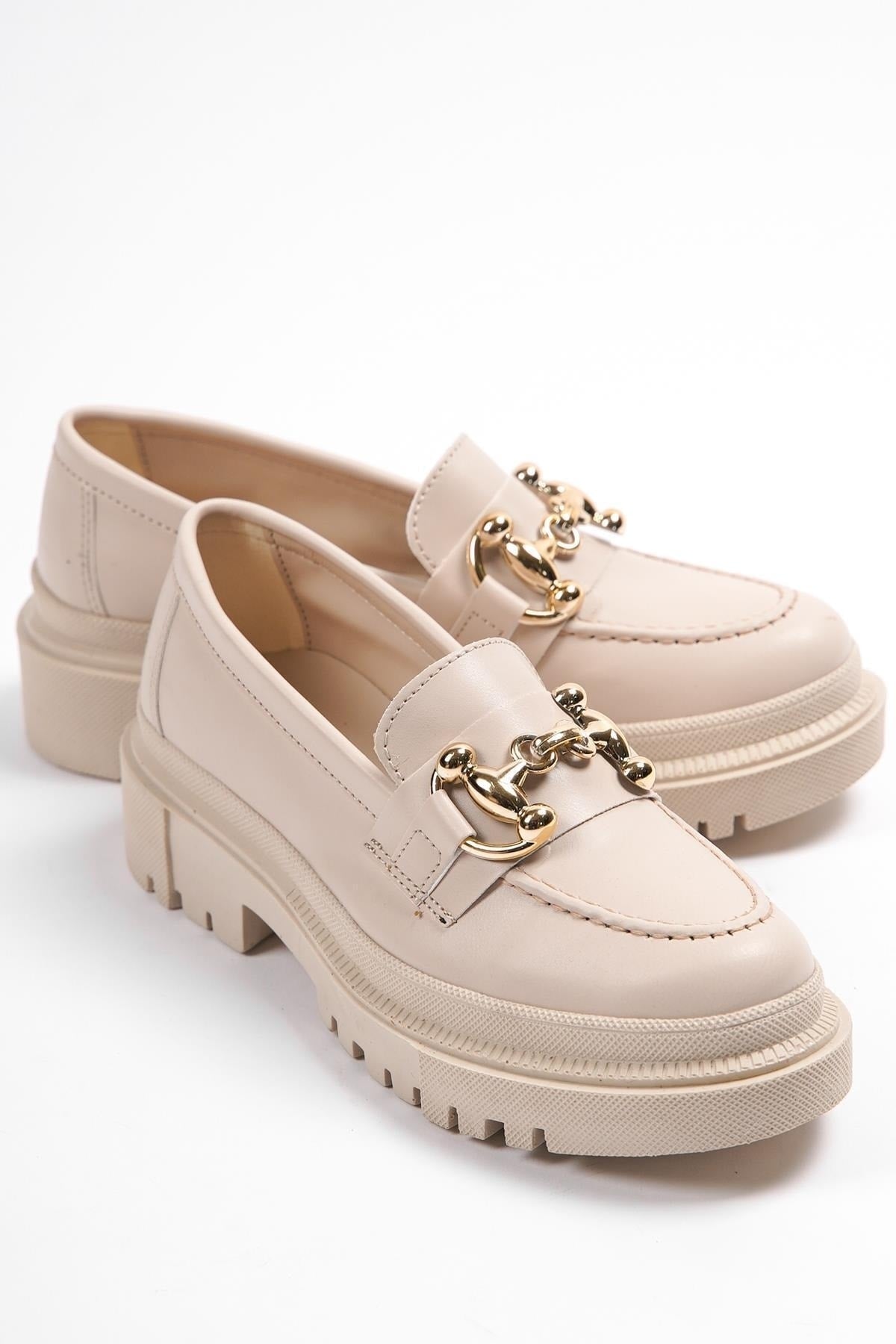 Capone Oval Toe Metal Buckle Trak Sole Ecru Beige Women'S Loafers
