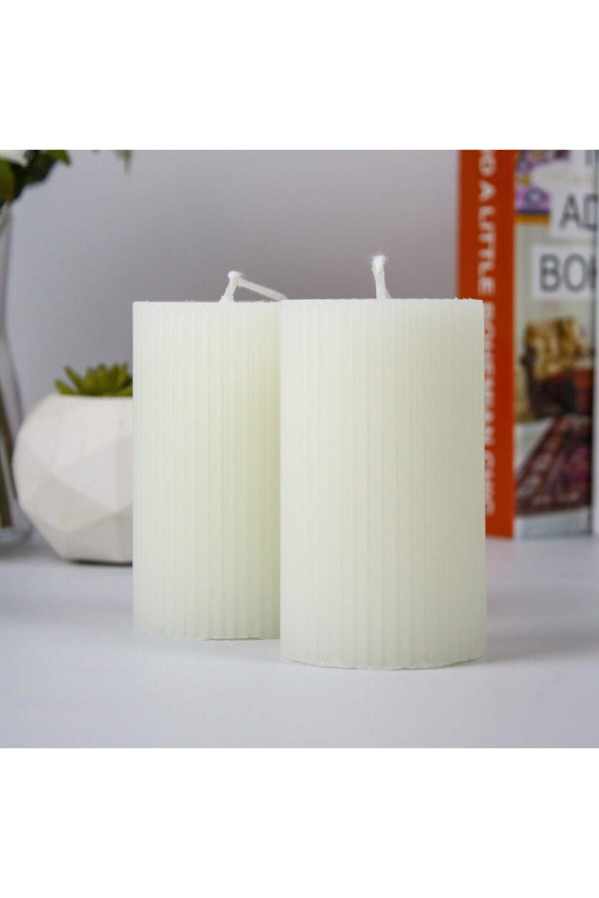 Corrugated Cylinder Set of 2 Candles 10 Cm Cream - Swordslife