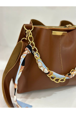 Women'S Tobacco Scarf Chain Accessory Soft Leather 3-Compartment Hand, Arm And Shoulder Bag
