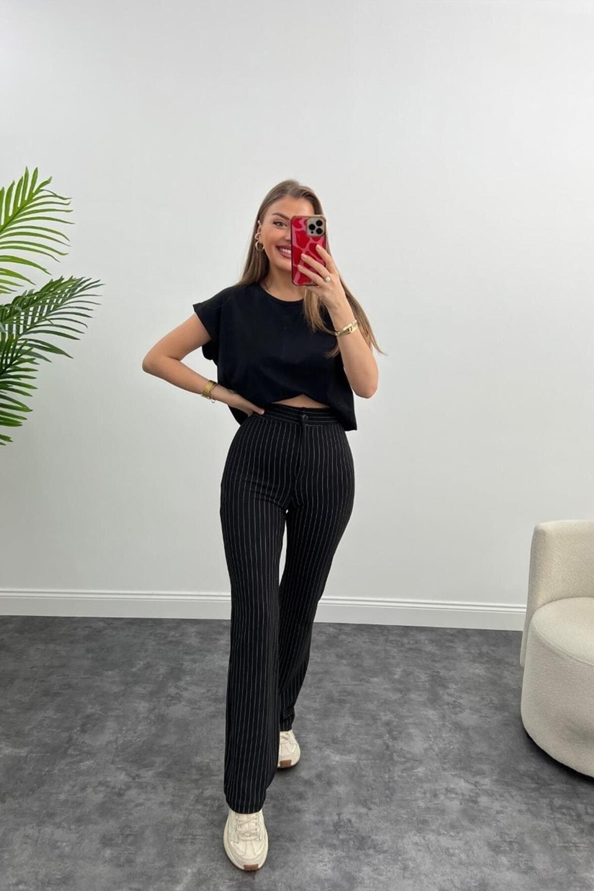 Ultra High Waist Crepe Fabric Lycra Palazzo Striped Trousers Black - Swordslife