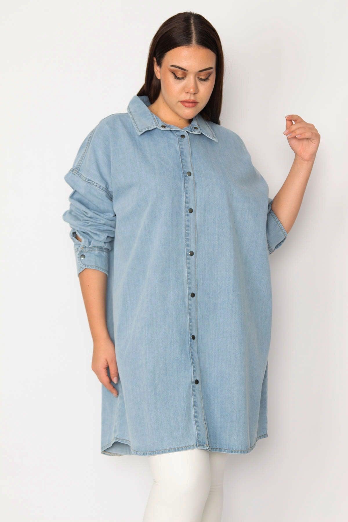 Women's Large Size Blue Loose Cut Snap Button Oversize Denim Tunic Jacket 65n28047 - Swordslife