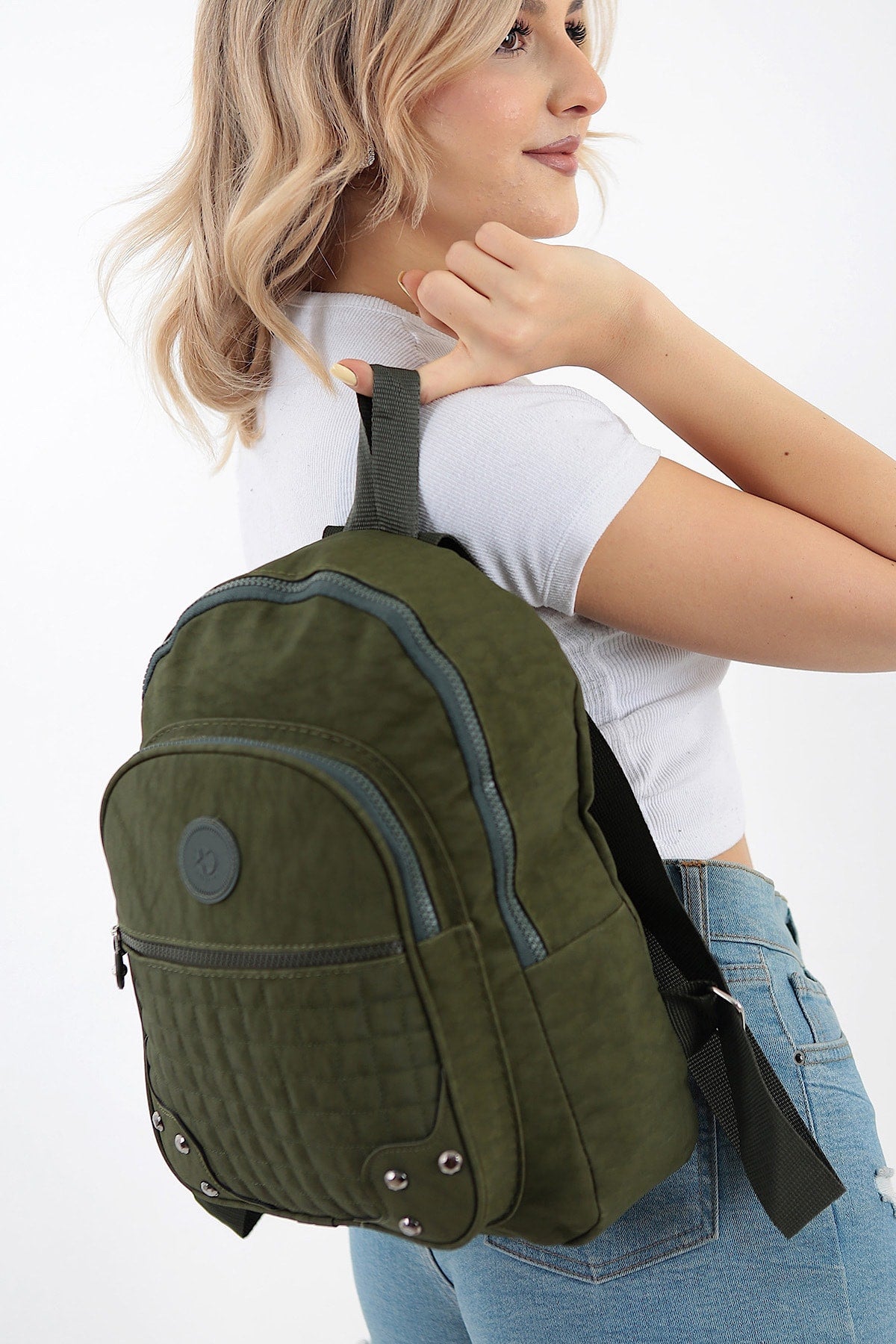 Unisex Green Crinkle Fabric Waterproof & Dirt-Resistant Backpack And School Bag