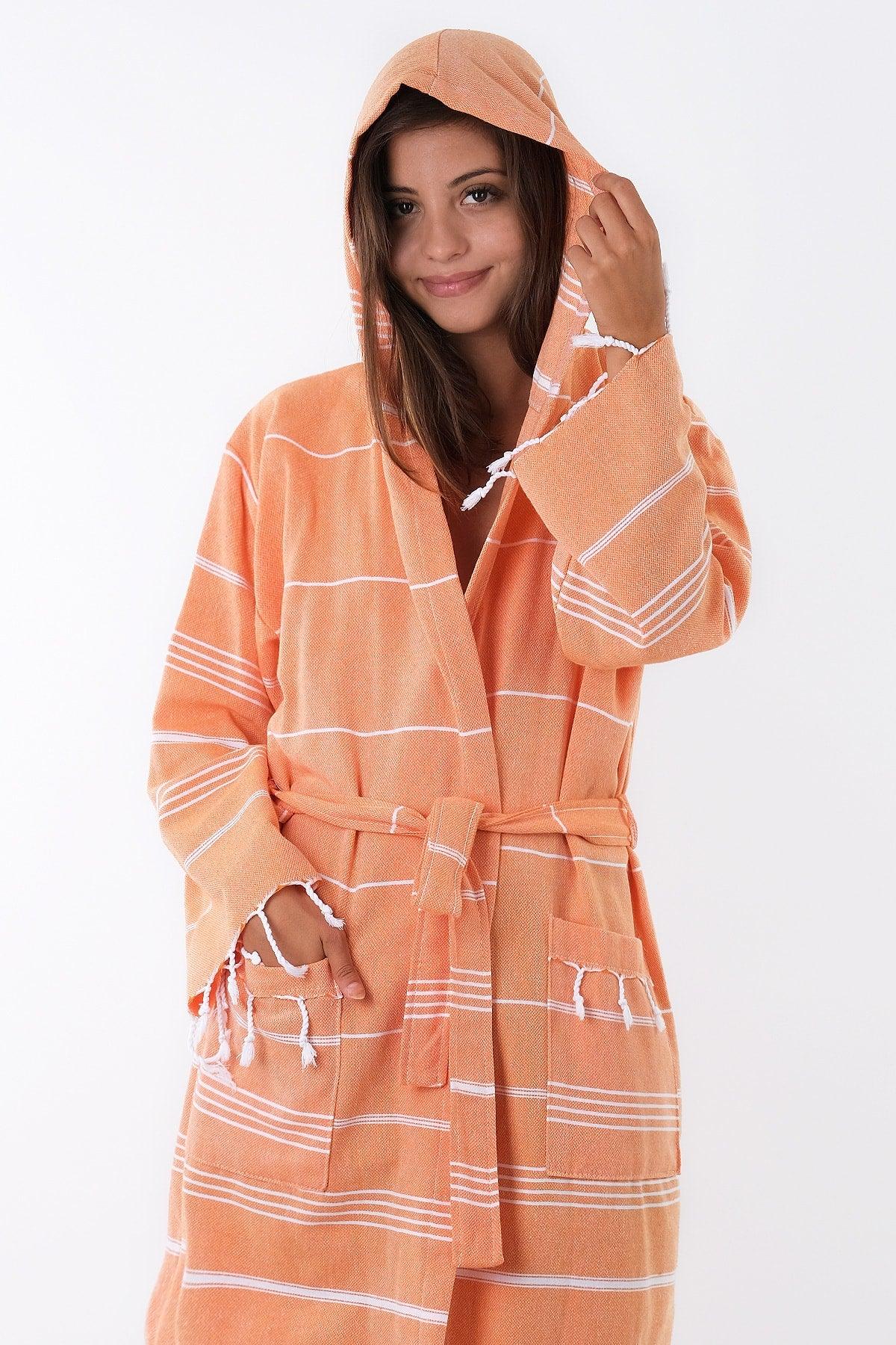 Sultan 100% Cotton Orange Color Hooded Peshtemal Bathrobe, Robe And Beach Dress - Swordslife