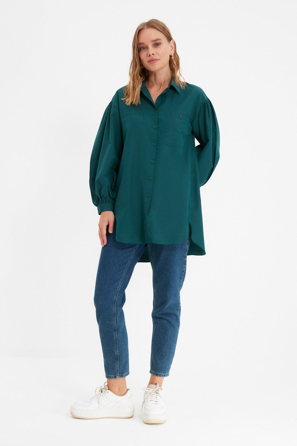 Green Balloon Back Sleeve Long Pocket Detailed Basic Woven Shirt TCTSS21GO0976 - Swordslife