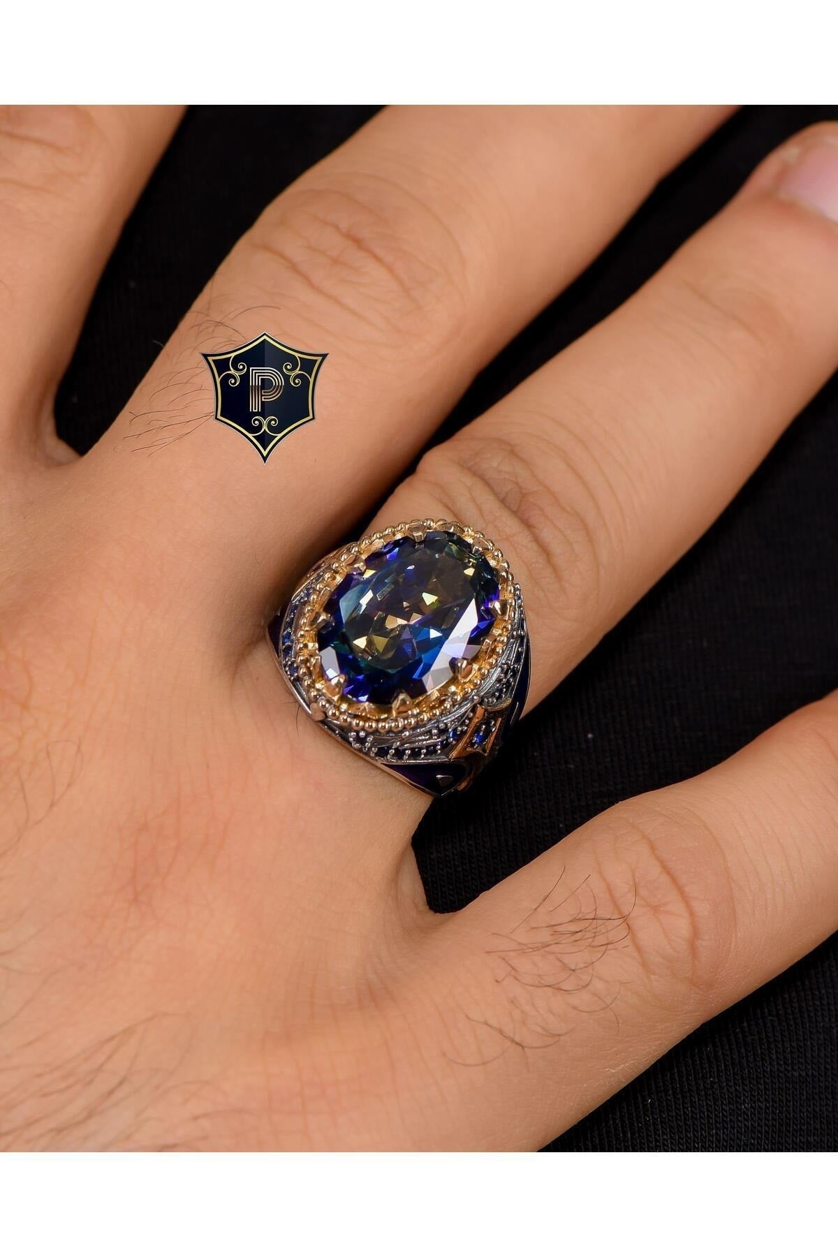 Mystic Topaz Stone Zircon Stone Decorated 925 Sterling Silver Men'S Ring