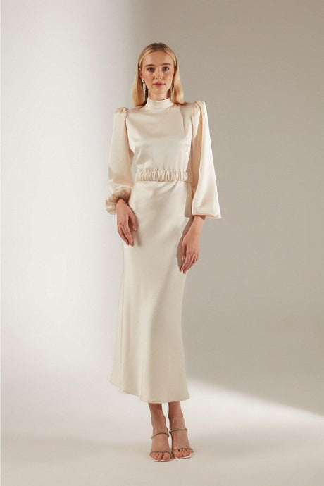 Women's Ecru Judge Collar Ecru Long Engagement Dress - Swordslife