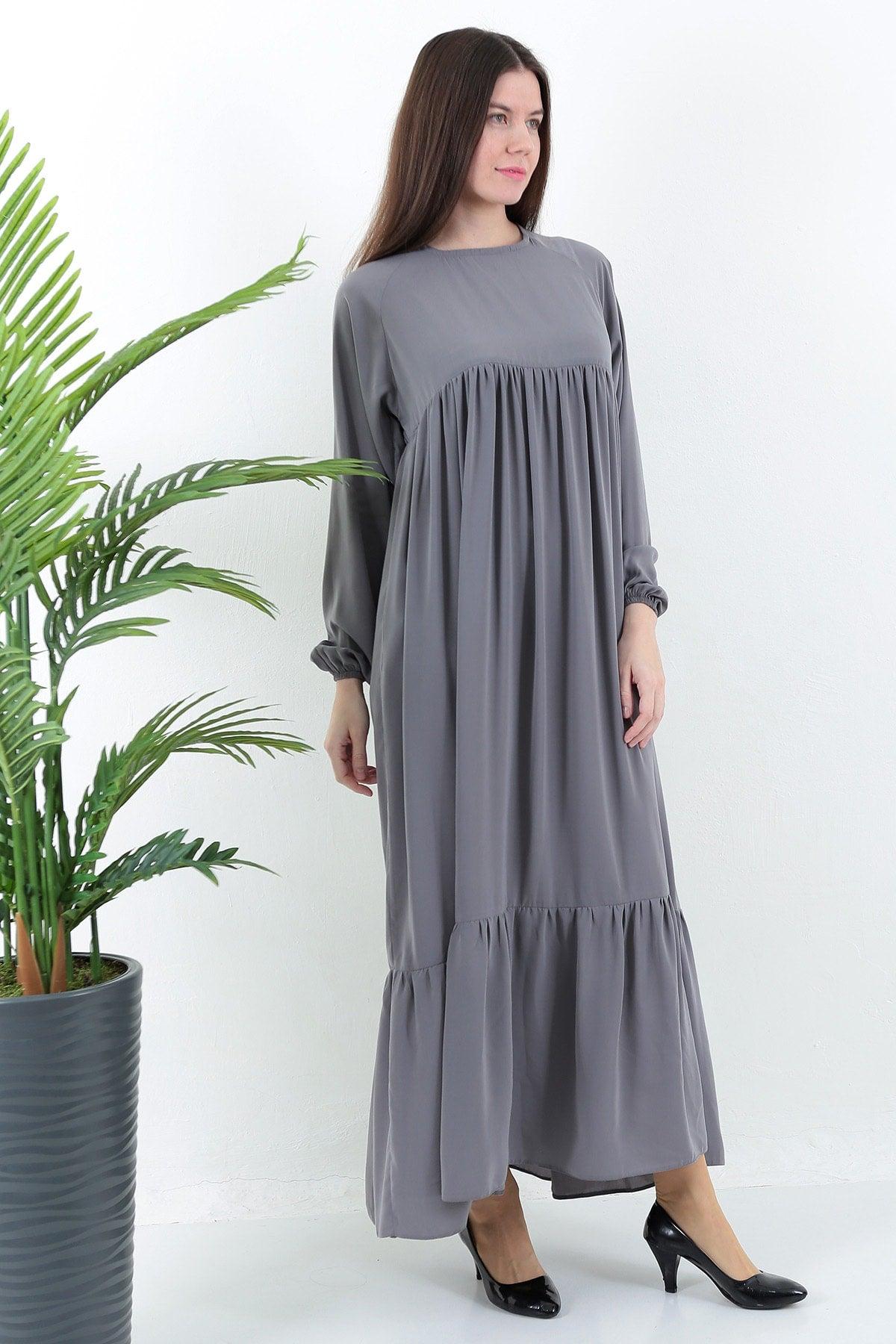 Gray Crew Neck Comfortable Fit Elastic Sleeve Side Pockets Pleated Robe Dress - Swordslife