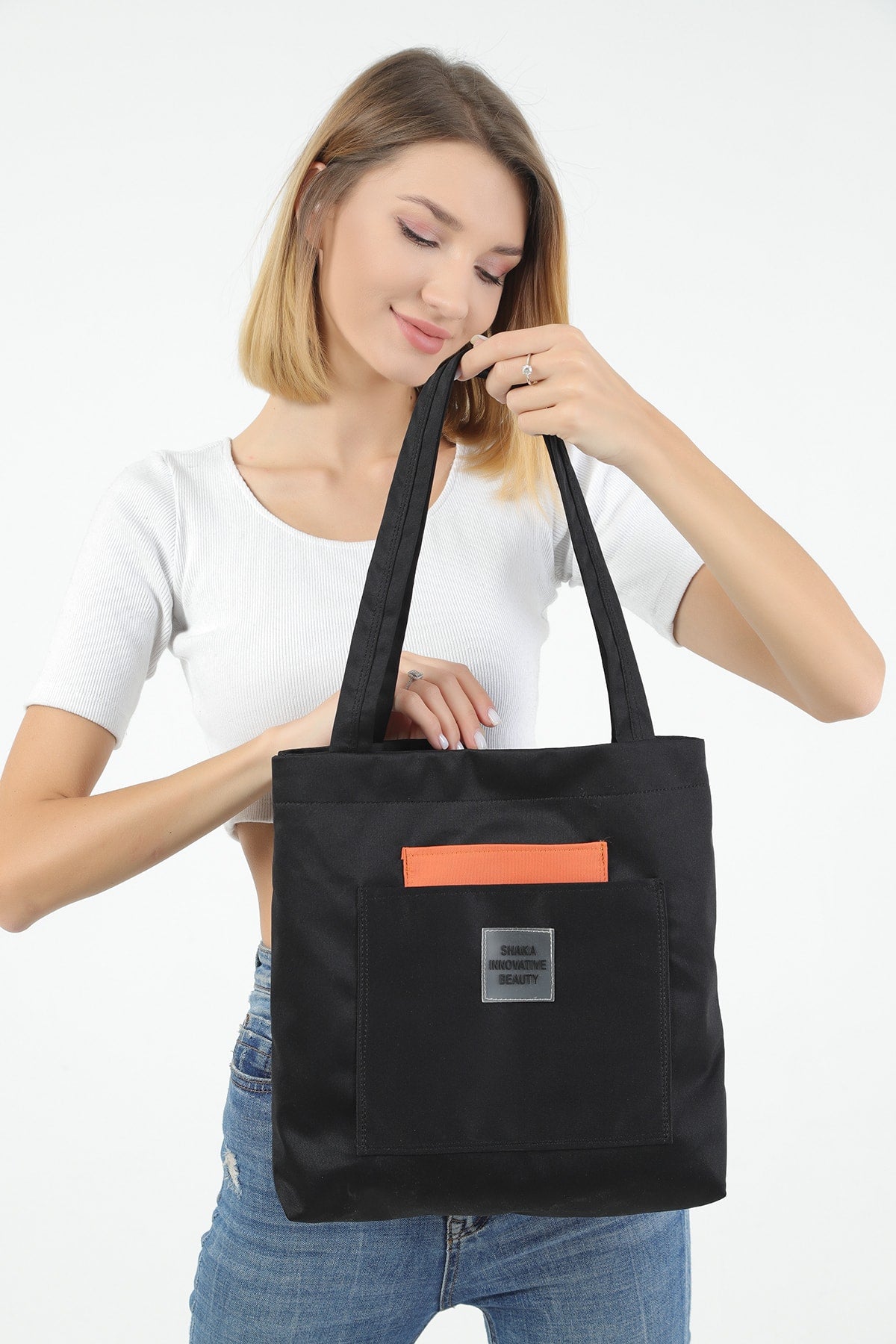 Black/orange U22 3-Compartment Front 2 Pocket Detailed Canvas Fabric Daily Women's Arm and Shoulder Bag B:35 E:35