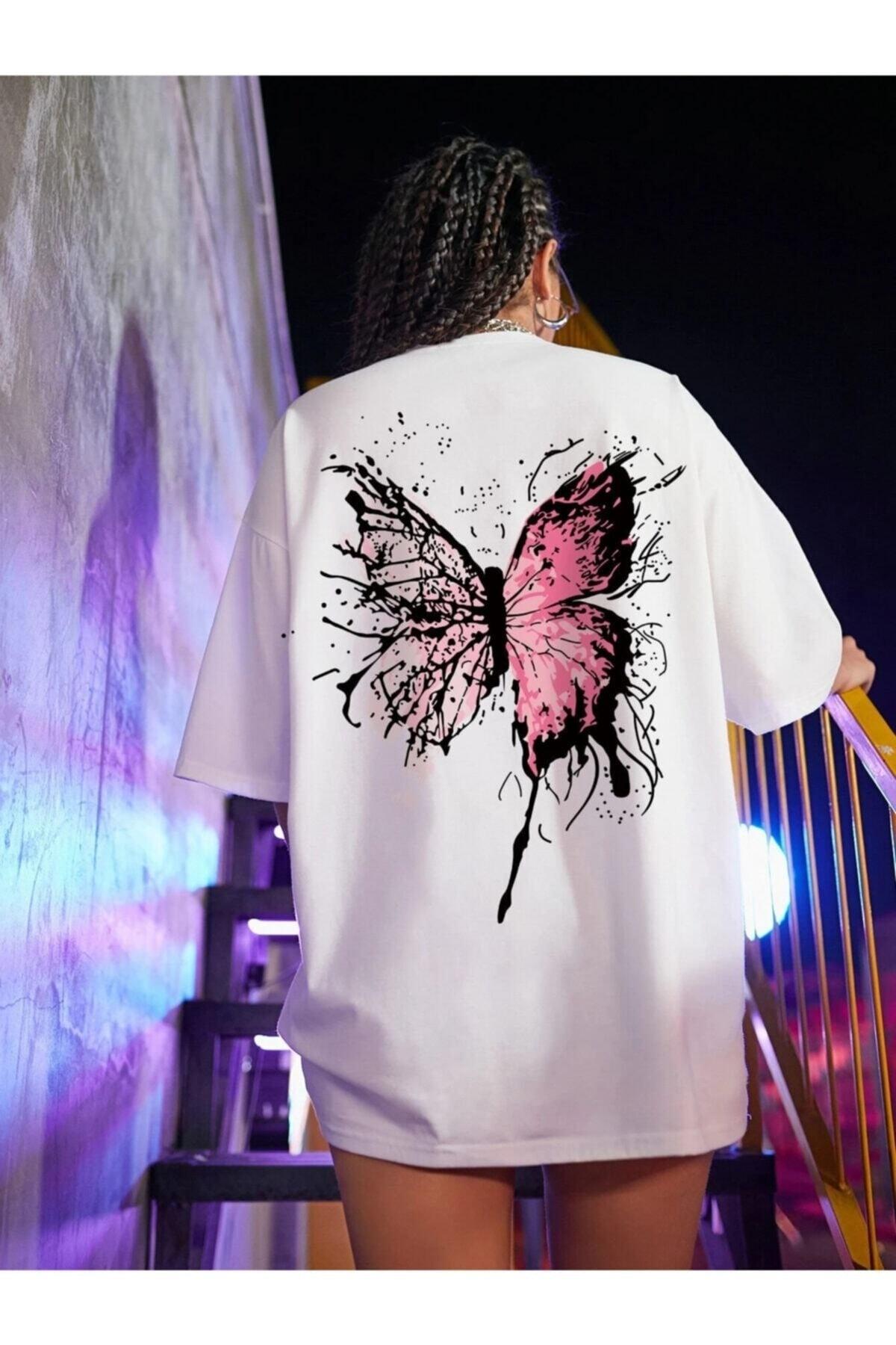 White Butterfly Printed Oversized Combed Cotton T-shirt - Swordslife