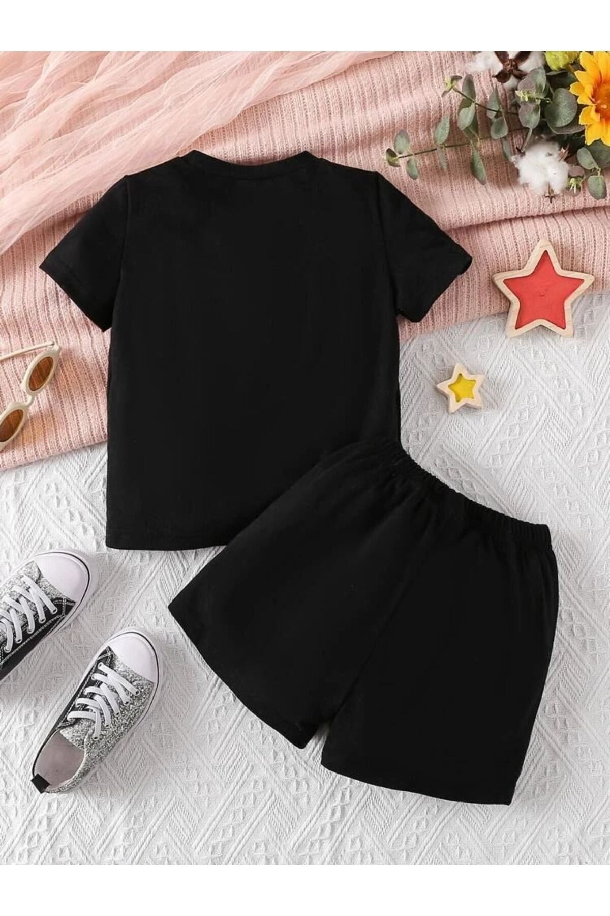 New York Printed Black Top Girls Shorts Set