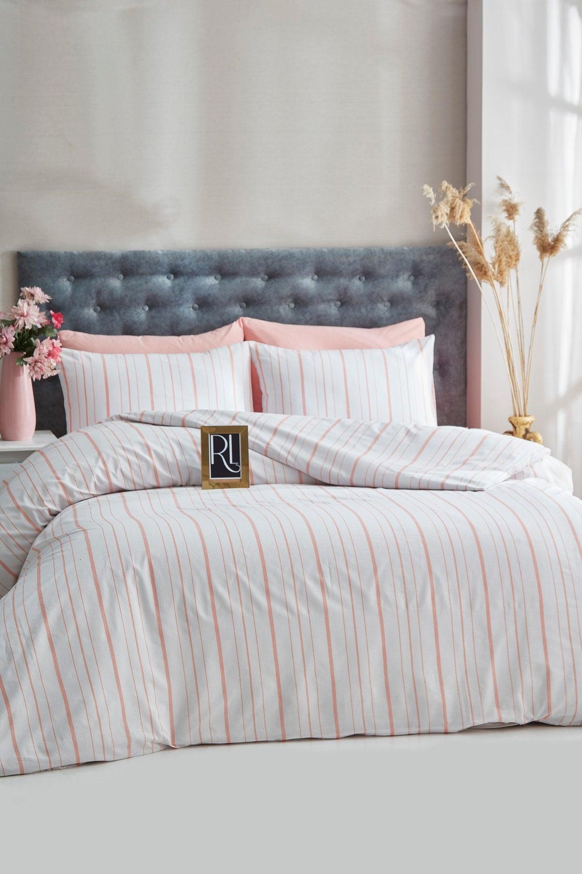 Striped Salmon Single Cotton Linen Duvet Cover Set - Swordslife