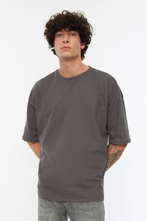 Anthracite Men'S Basic 100% Cotton Crew Neck Oversized Short Sleeved T-Shirt