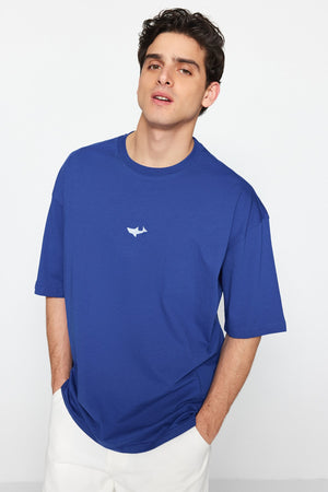 Navy Blue Men'S Oversize Fit Cycling Collar Short Sleeve Shark Embroidered T-Shirt