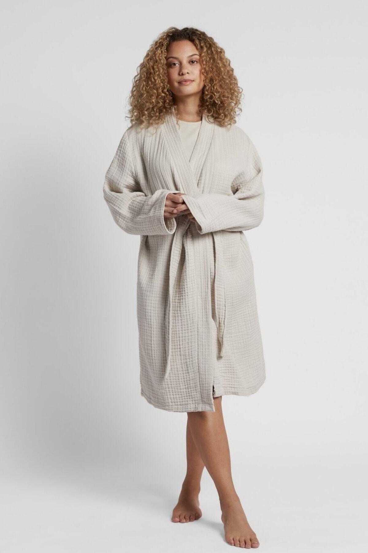 4 Layer Muslin Bathrobe Dressing Gown, 100% Cotton Kimono, Beige - Swordslife