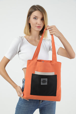 Orange/Cream/Black U22 3-Compartment Front 2 Pocket Detailed Canvas Fabric Daily Women'S Arm And Shoulder Bag B:35