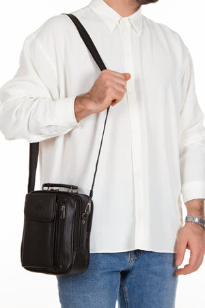 Adelina Men'S Black Leather Steel Case Phone Compartment Hand And Shoulder Bag And Card Holder Wallet With Mechanism