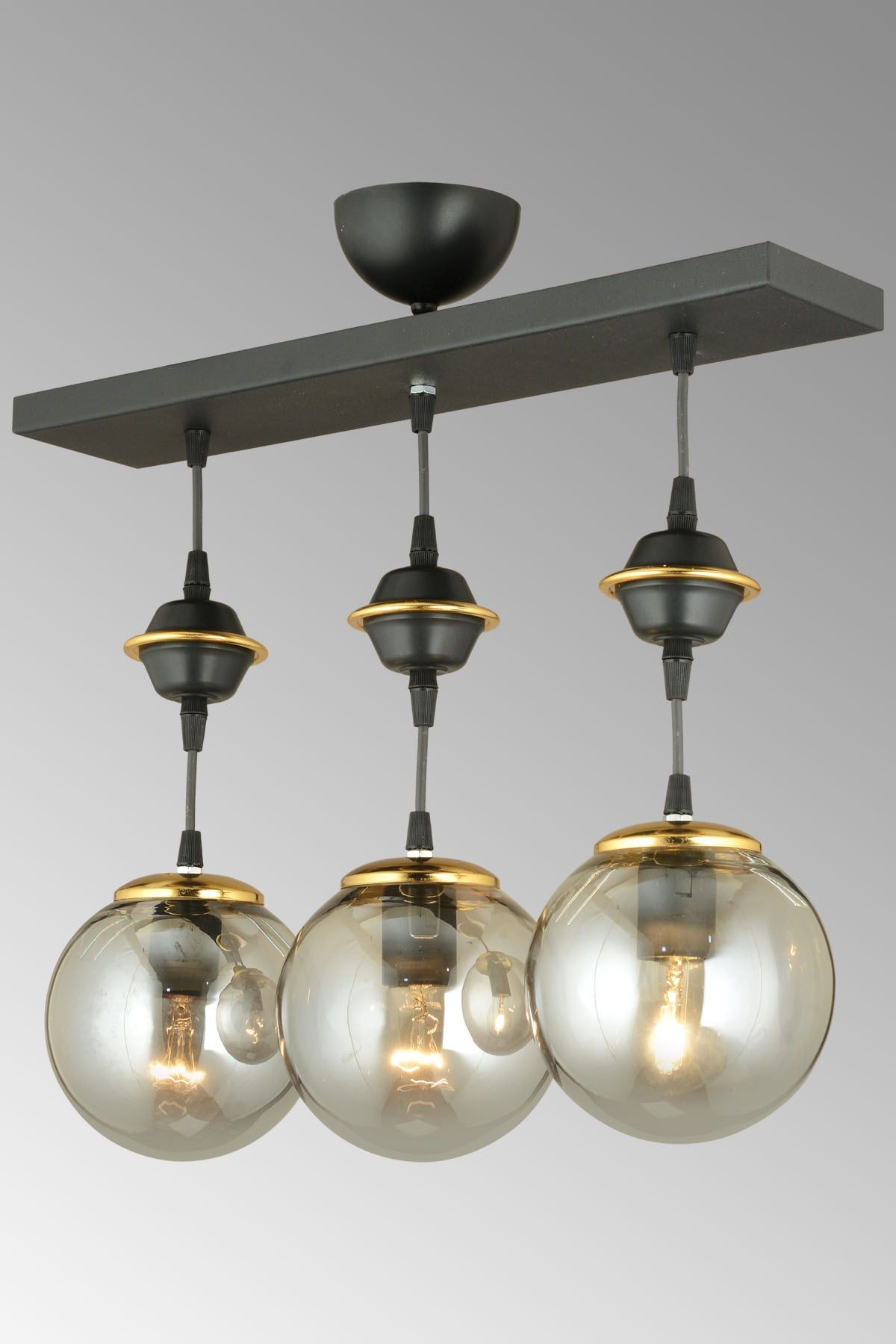 Row of Black 3-Piece Smoked Globe Glass Pendant Lamp Luxury Chandelier