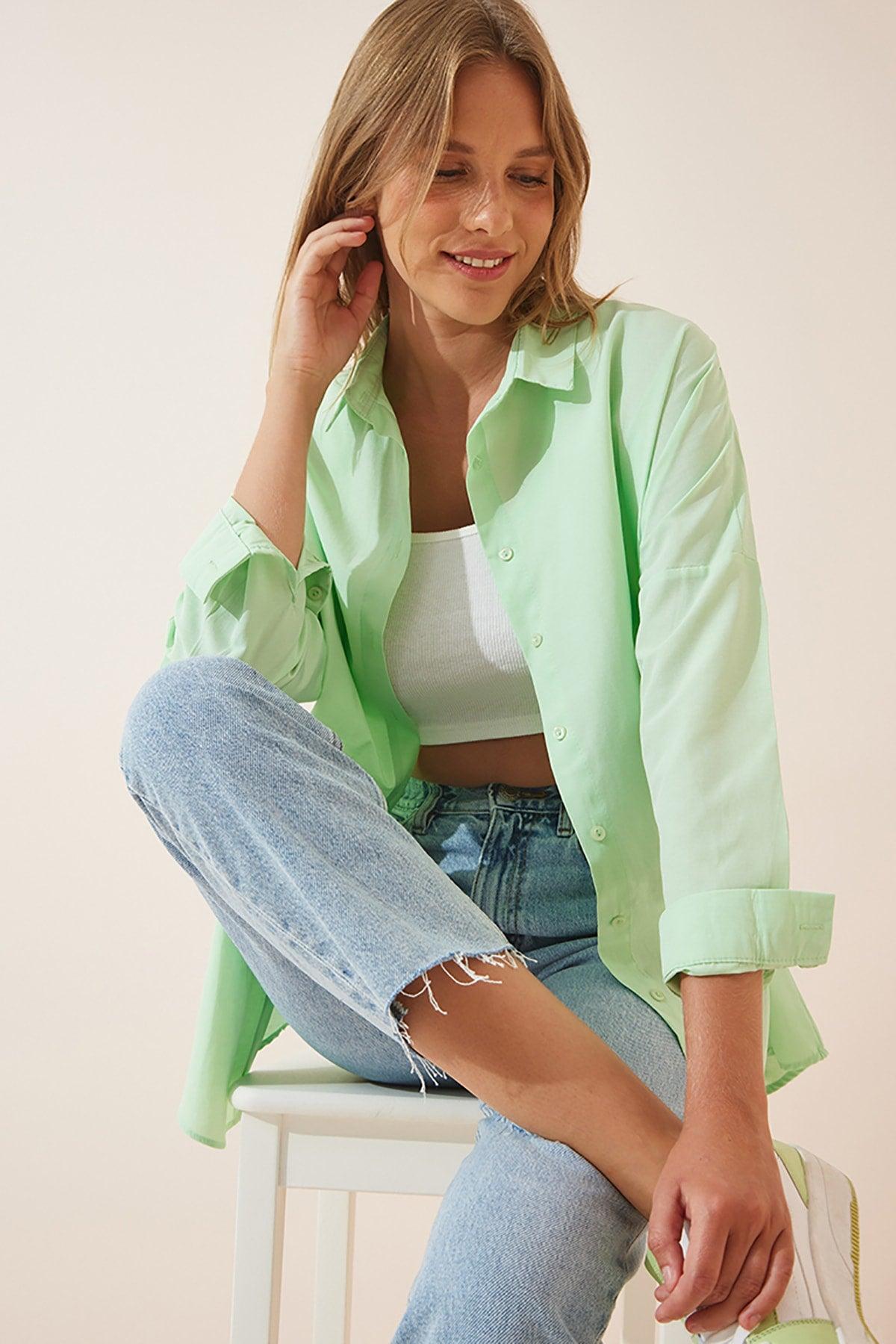 Women's Light Green Oversize Long Basic Shirt DD00842 - Swordslife