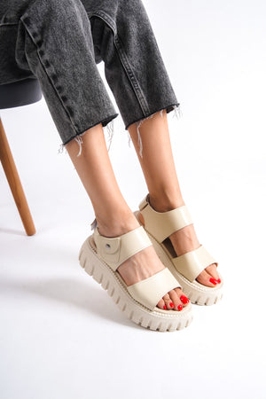 735-Bj Thick Serrated Sole Beige Gladiator Platform Sandals