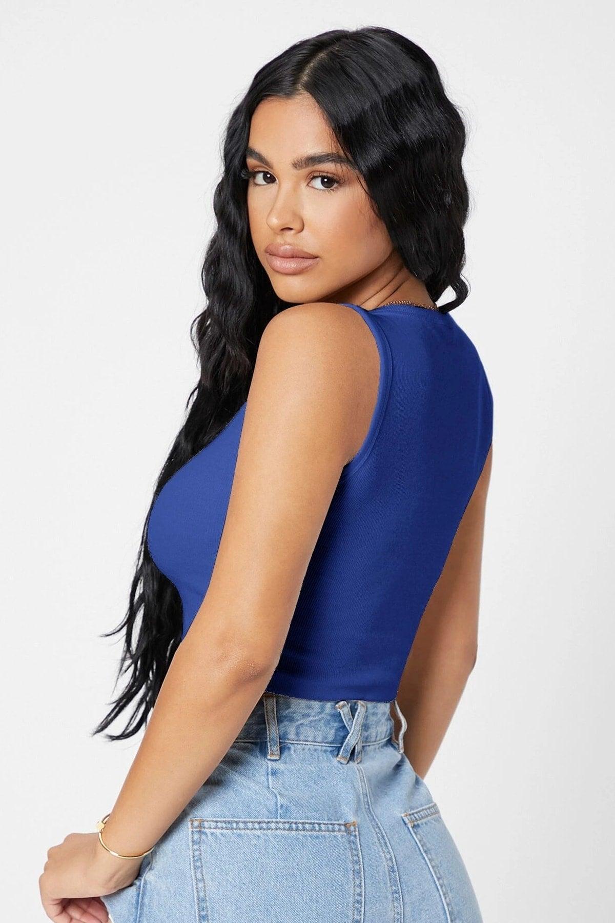 Women's Navy Square Neck Crop Top Blouse - Swordslife