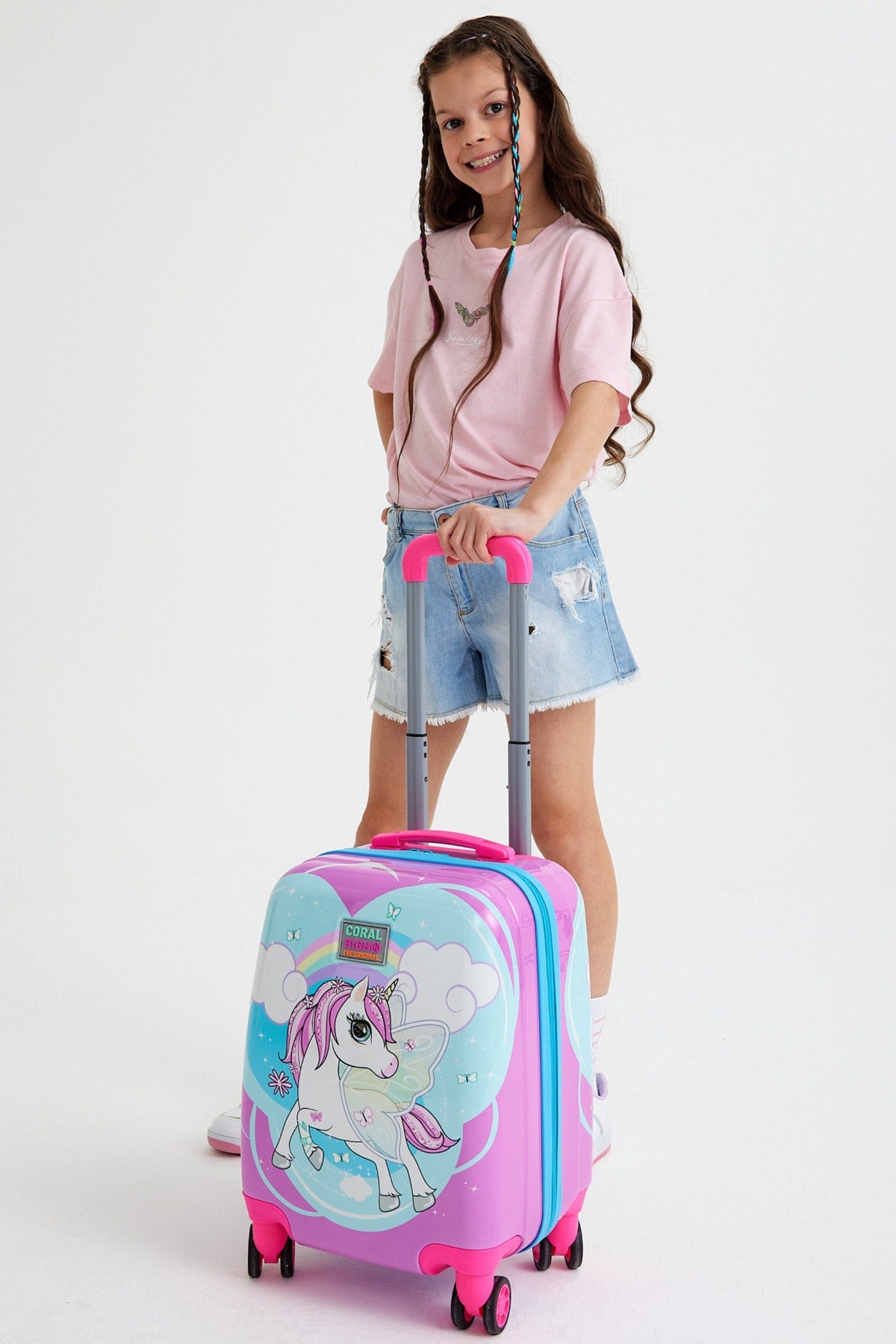 Kids Blue Neon Pink Unicorn Patterned Luggage 16712