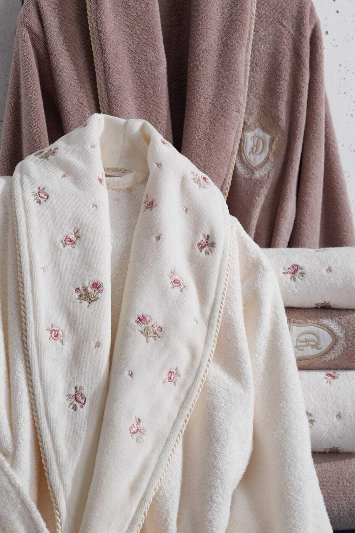 Velvet Cotton Bathrobe Set 6 Pieces Vanessa Cream - Beige - Swordslife