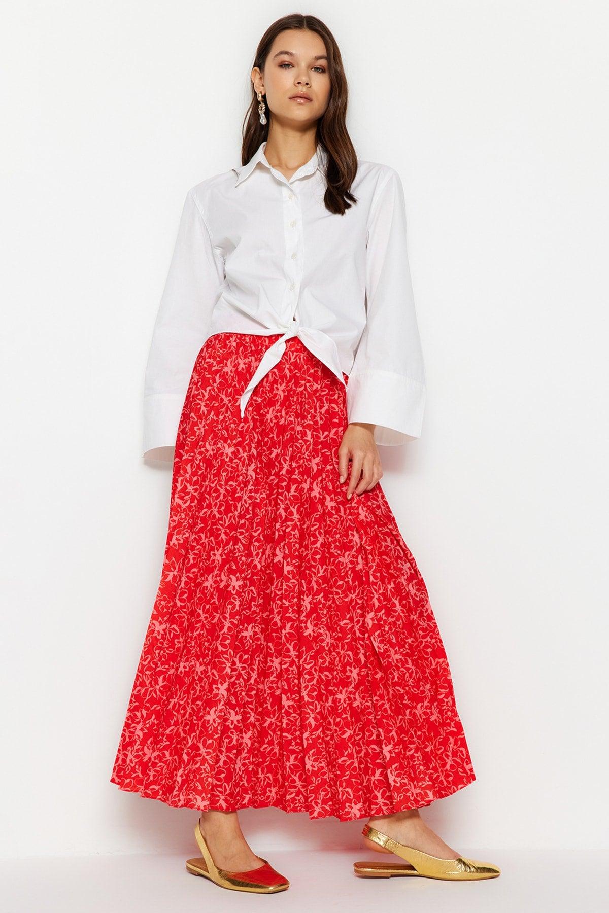 Red Floral Patterned Pleated Elastic Waist Knitted Skirt TCTSS23EE00018 - Swordslife