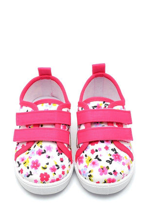 Floral Patterned Double Velcro Linen Sports Children'S Shoes-Fuchsia-F-498