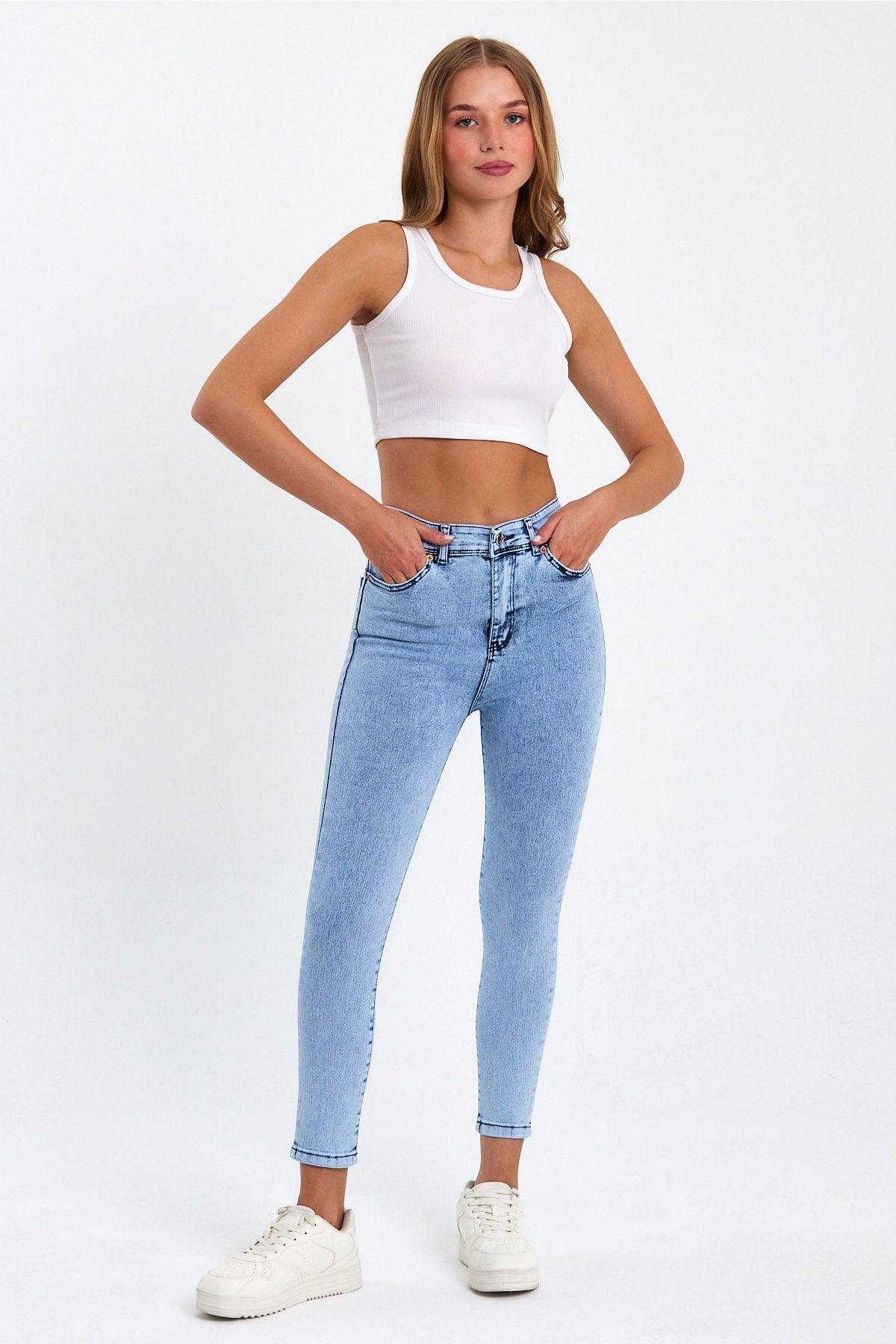 Snow Baby Snow Wash Light Snow Blue High Waist Slim Leg Skinny Lycra Jeans - Swordslife